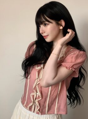 韩国甜美V领荷叶边泡泡袖衬衫