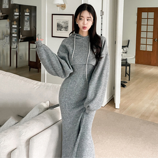 韩国东大门针织连帽罩衫短款外套女+收腰显瘦吊带连衣裙两件套装