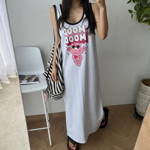 韩国东大门减龄圆领宽松套头包边卡通字母印花吊带连衣裙女背心裙