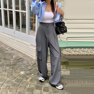 韩国东大门2025春装新款褶皱松紧高腰垂感口袋工装直筒休闲裤女