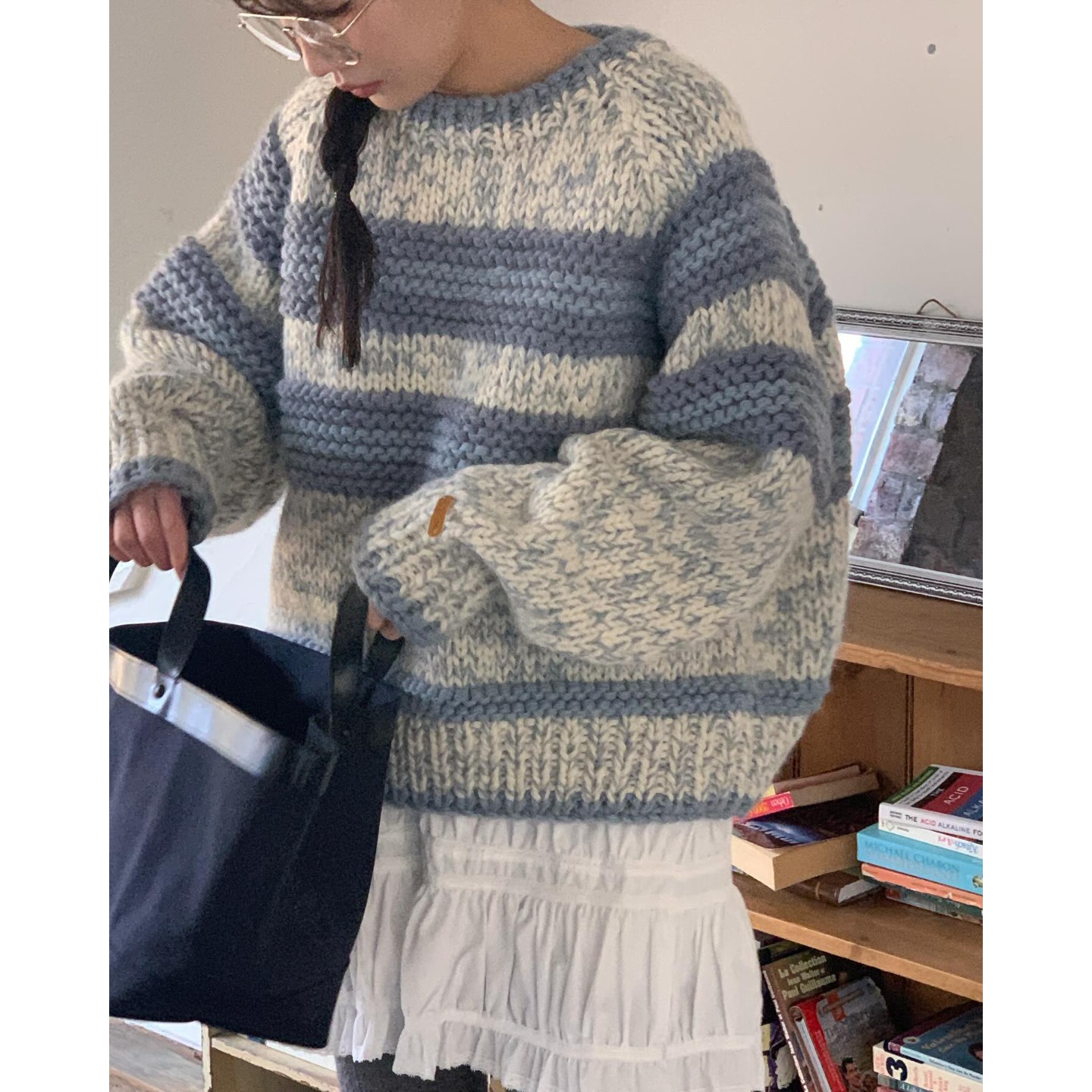 韩国条纹宽松粗线毛衣针织衫