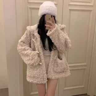 韩国东大门连帽牛角扣皮毛一体大衣女中长款羊羔毛茸茸皮草外套
