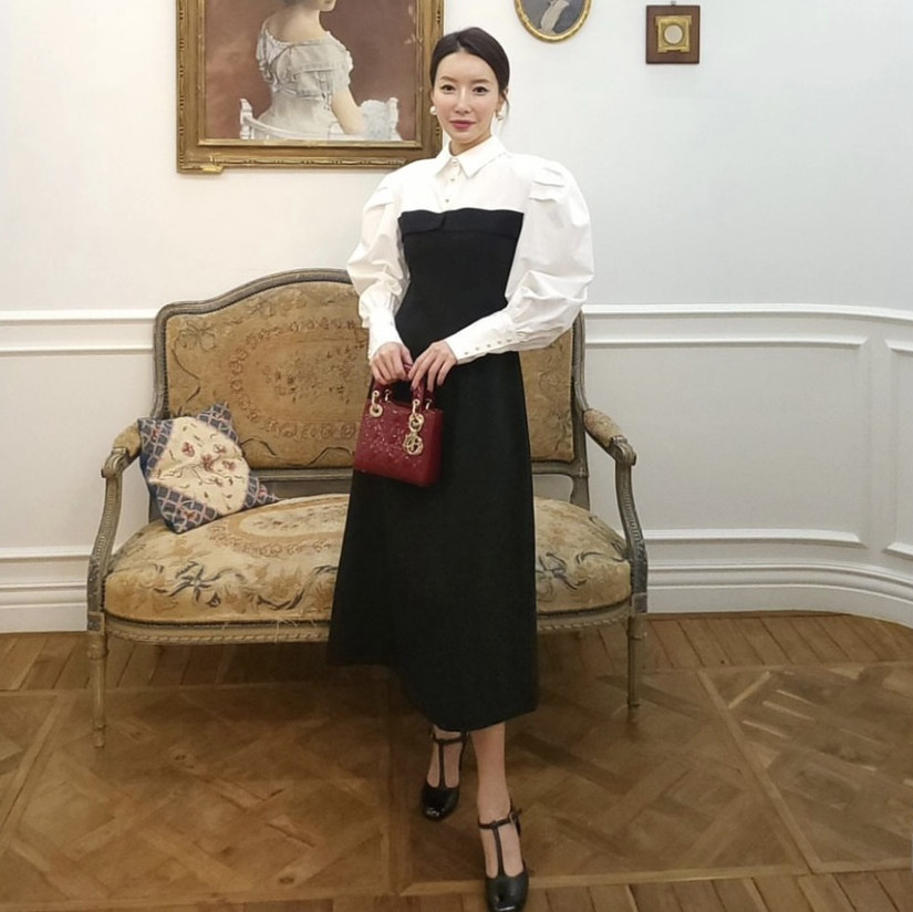 韩国泡泡袖衬衫拼接连衣裙
