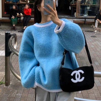 韩国慵懒风宽松拼色毛衣