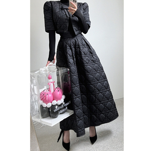 韩国东大门高级感菱格收腰短款棉服外套女+高腰长款半身裙两件套