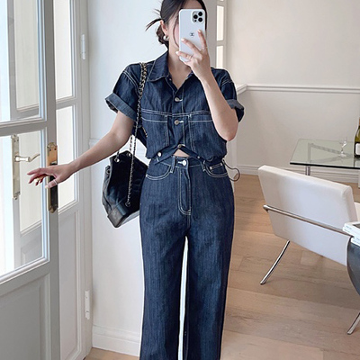 韩国明线牛仔衬衫牛仔裤两件套