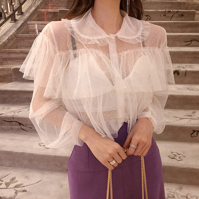 韩国东大门2026春新款甜美性感小吊带背心+透视蕾丝网纱衬衫套装