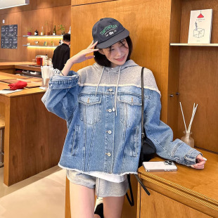 韩国东大门2024秋装新款复古连帽卫衣女宽松显瘦拼接牛仔外套上衣