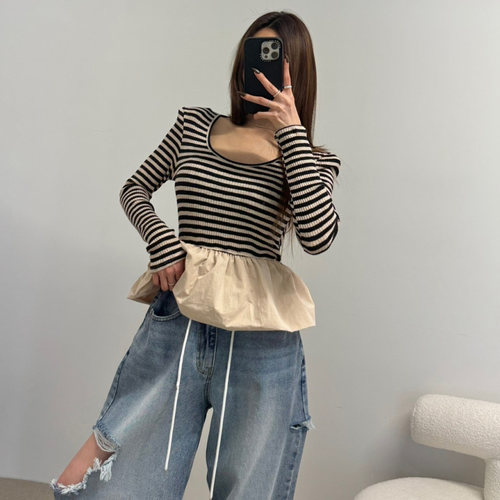 韩国圆领撞色修身条纹长袖针织衫