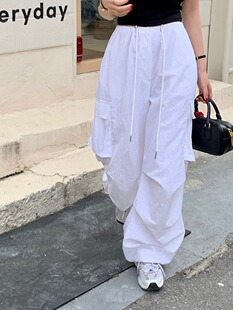 韩国东大门宽松抽绳大口袋白色帅气工装裤松紧腰直筒束脚休闲裤女