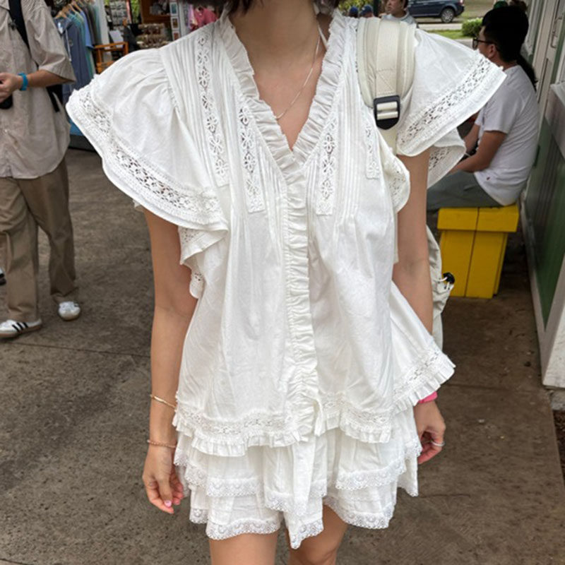 韩国镂空蕾丝飞飞袖衬衫女半身裙