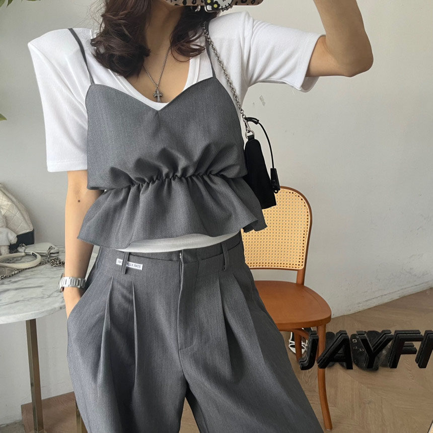 韩国东大门荷叶边收腰吊带背心女+松紧腰直筒阔腿休闲西裤套装