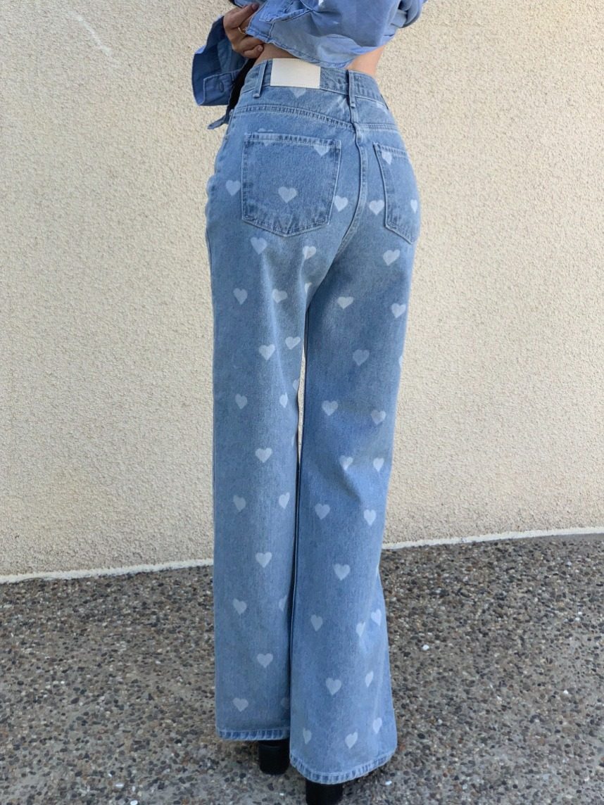 韩国东大门2025新款时尚爱心印花高腰直筒阔腿显腿长拖地牛仔裤女,女装/女士精品,牛仔裤,淘宝优惠券,粉丝福利购,淘宝优惠卷