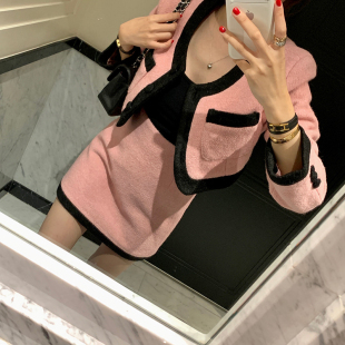 韩国东大门圆领系扣口袋拼色小香风羊毛呢短款外套女+半身裙套装
