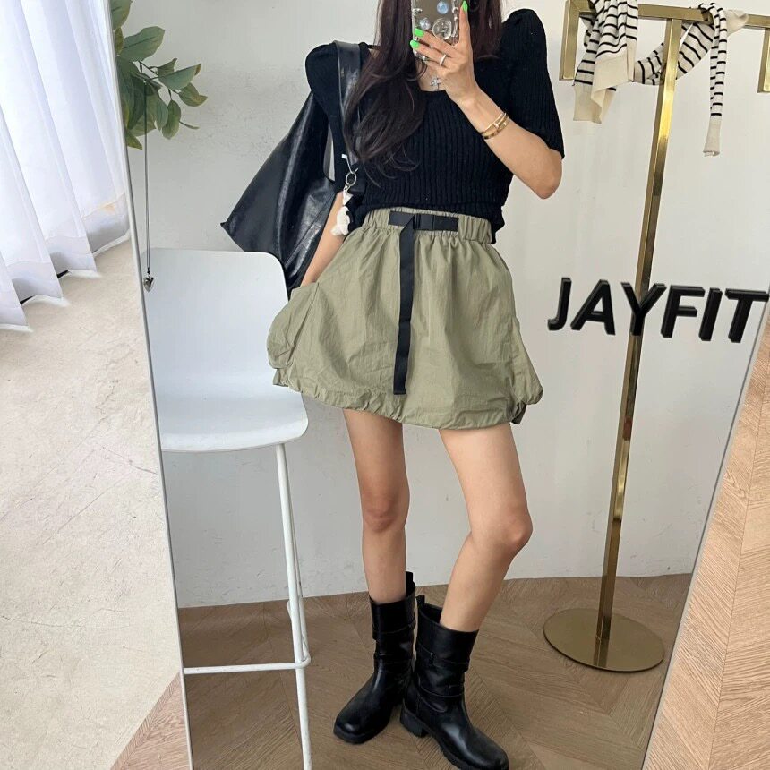 韩国东大门2024夏装纯色抽绳工装半身裙高腰显瘦口袋包臀a字短裙