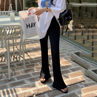 韩国东大门2025春装设计感松紧腰螺纹坑条弹力阔腿微喇开叉长裤女