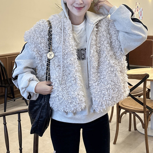 韩国东大门两面穿连帽宽松羊羔毛棉服马甲外套女短款坎肩皮草马夹
