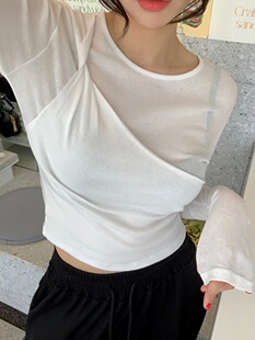 韩国东大门扭结褶皱不规则假两件修身螺纹长袖打底衫小圆领T恤女