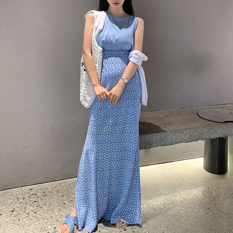 韩国东大门2023夏装新款松紧高腰碎花垂感开叉a字半身裙鱼尾长裙