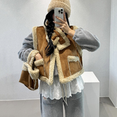 韩国东大门复古麂皮绒两面穿羊羔毛带围脖马甲保暖外套女送包包