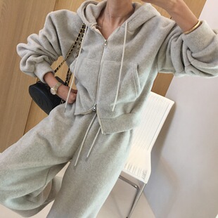 韩国东大门休闲运动风连帽双拉链毛绒卫衣+加绒加厚阔腿卫裤套装