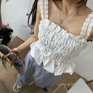 韩国东大门简约设计感小众压褶木耳花边修身短款吊带背心上衣女