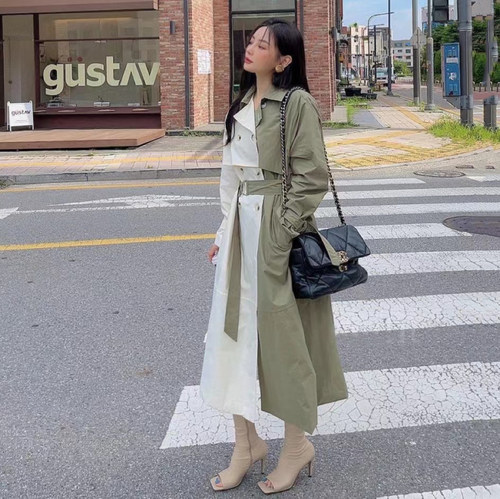 韩国拼色风衣外套中长款大衣