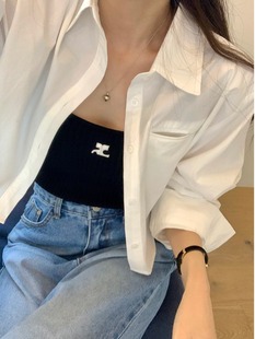 韩国东大门2024新款简约休闲翻领后背字母贴标百搭短款白色衬衫女