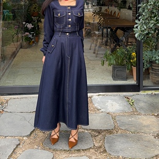 韩国东大门气质方领短款牛仔衬衫外套女+高腰A字大裙摆半身裙套装