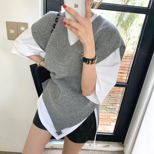 韩国东大门秋冬懒惰风宽松V领外穿毛衣侧开叉显瘦针织马甲女背心