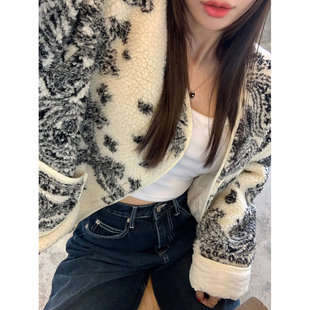 韩国东大门羊羔毛夹棉外套女复古羊羔绒腰果花休闲短款棉服夹克