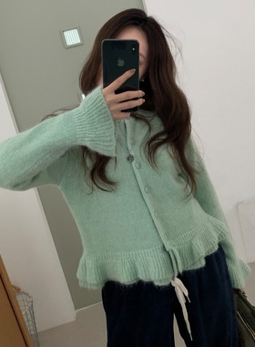 韩国东大门鹅黄色荷叶边针织开衫女独特漂亮短款毛衣外套百搭上衣