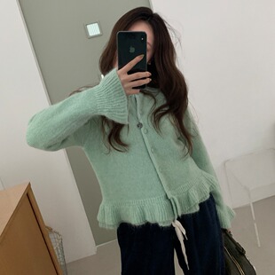 韩国东大门鹅黄色荷叶边针织开衫女独特漂亮短款毛衣外套百搭上衣