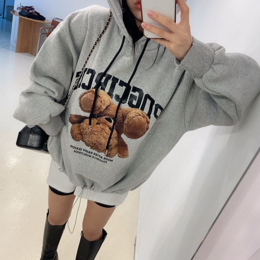 韩国宽松小熊连帽加绒卫衣