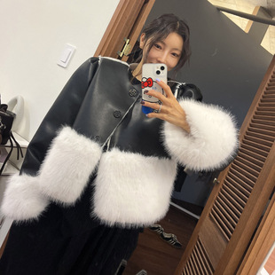 韩国东大门法式高级感PU皮毛一体加绒保暖毛毛外套女仿皮草大衣