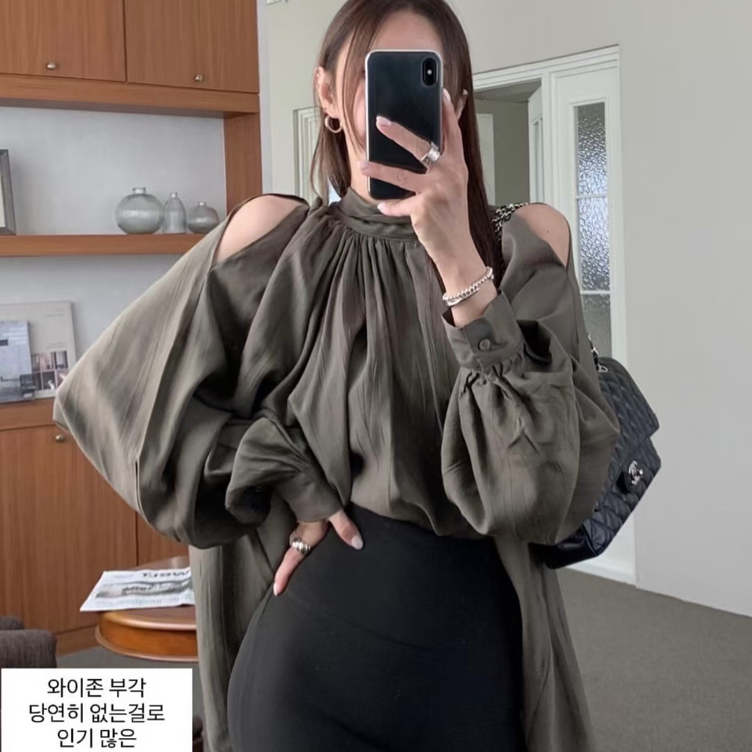 韩国圆领挂脖露肩绑带长袖衬衫女