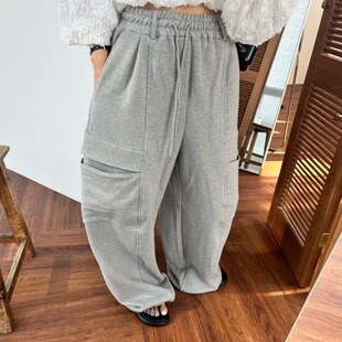 韩国东大门2025新款工装风大口袋松紧腰抽绳宽松阔腿休闲裤女卫裤