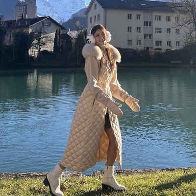 韩国大毛领连帽羽绒棉服大衣