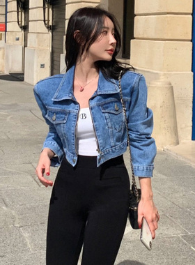 韩国东大门2025新款设计感复古翻领拉链垫肩短款牛仔外套女夹克