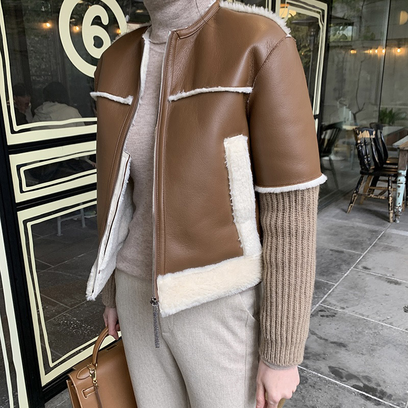 韩国皮毛一体羊羔毛机车皮衣外套