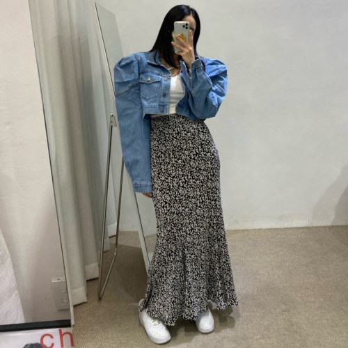 韩国松紧腰碎花半身裙豹纹