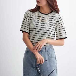 针织衫 小V日系 可爱绣标清爽条纹短袖 少量纯元 女 甜美牌NC春夏新款