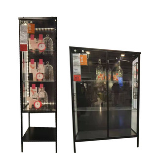 宜家鲁德斯塔玻璃门柜展示柜盲盒收纳柜透明柜子多功能黑色推拉