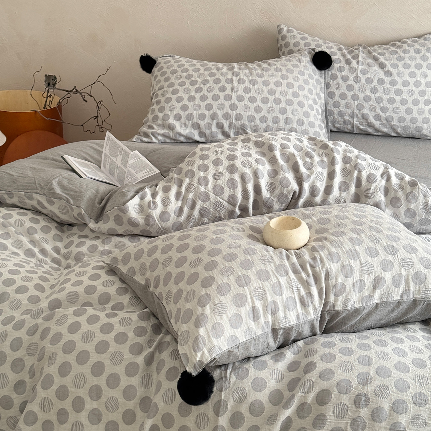 乐米苏新款甜甜圈毛球球全棉四件套纯棉灰色波点床上用品床单被套