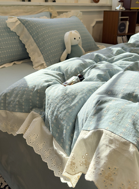 乐米苏法式复古风全棉四件套蓝色碎花大花边南通床上用品床单被套