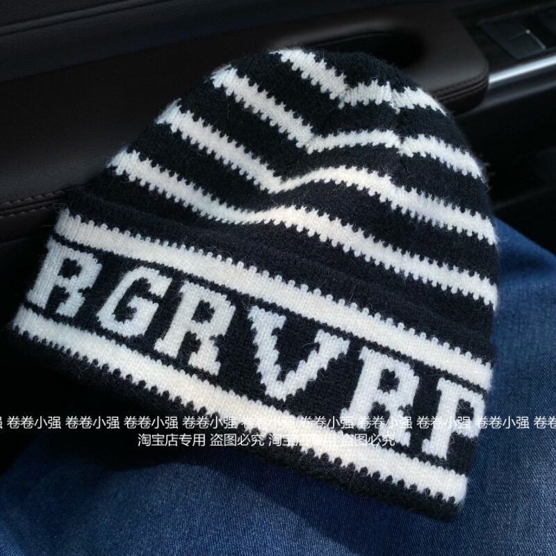 明星同款针织帽子女秋冬保暖护耳字母条纹厚毛线帽男大头围显脸小