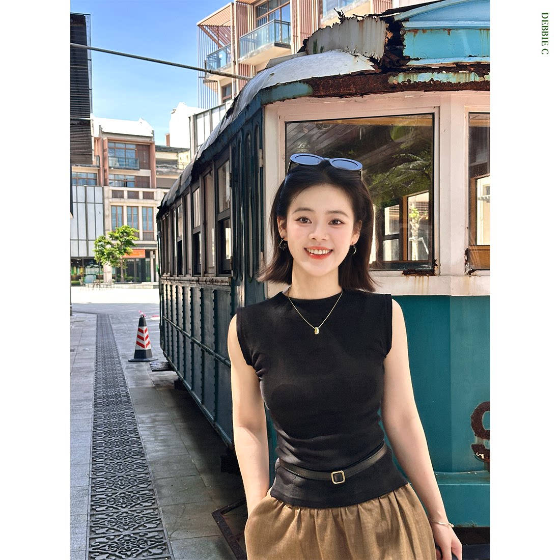 法式优雅黑巧卡布波点背心半裙