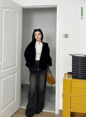 DEBBIE C 王炸神裤 美式水洗磨毛黑色牛仔裤高腰加厚阔腿裤长裤女