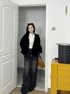 美式 王炸神裤 水洗磨毛黑色牛仔裤 高腰加厚阔腿裤 女 DEBBIE 长裤