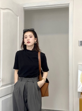 DEBBIE C 气质优雅小姐 黑色半高领T恤法式经典百搭单品短袖针织